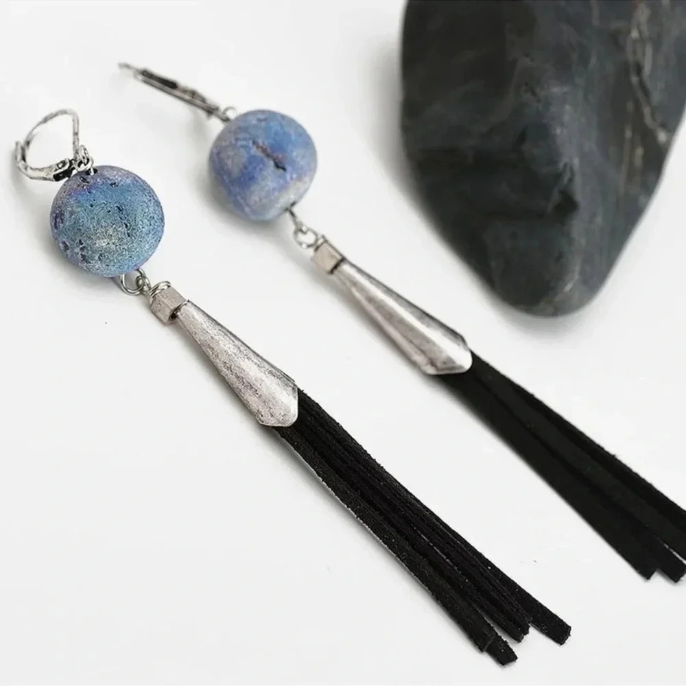 2 LEFT! Druzy Tassel Earrings Stone Leather Suede Fringe